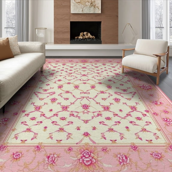 ODIKA 8'x10' Washable Area Rug Pink Coquette Ribbon Lattice Vintage Border Motif Round for King Size Bedroom Under Bed, Master Suite, Non-Shedding, Easy Care
