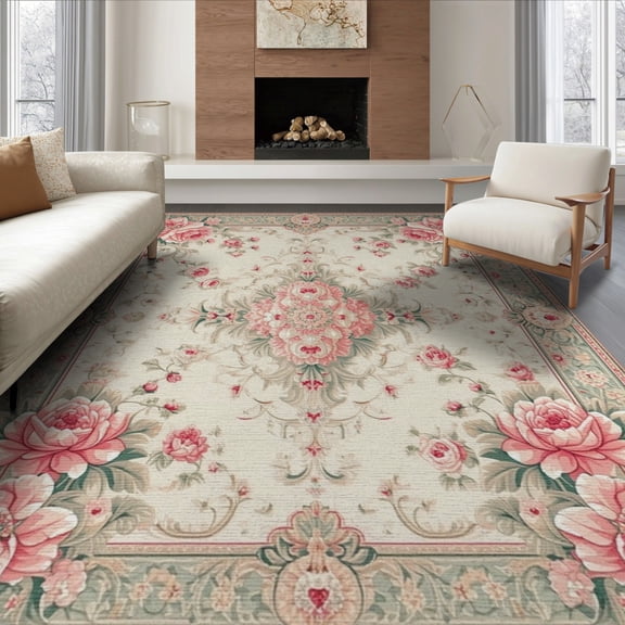 ODIKA 8'x10' Washable Area Rug Pink Long Vintage Scroll Border Sage Bathroom Runway Bedside for Living Room, Under Sectional, Family , Durable, Non-Slip