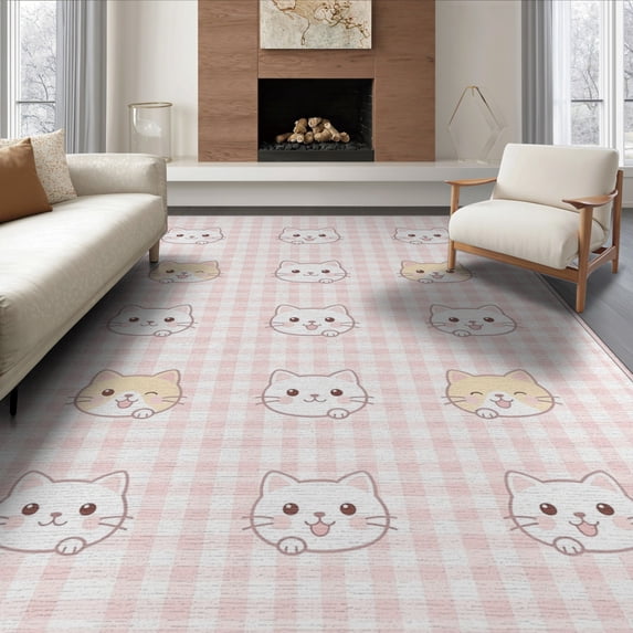 ODIKA 8'x10' Washable Area Rug Pink Mini Plaid Grid Print Featuring Feline Motif Border Tapete for King Size Bedroom Under Bed, Master Suite, Non-Shedding, Easy Care