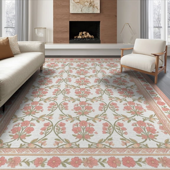 ODIKA 8'x10' Washable Area Rug Pink Pastel Wildflower Trellis Scrolling Vine Border Vintage for Living Room, Under Sectional, Family , Durable, Non-Slip