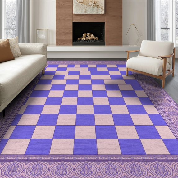 ODIKA 8'x10' Washable Area Rug Pink Purple Alternating Checkerboard Traditional Detail Print for Dining Room, Large Office, Lounge, Non-Slip Chair-Friendly Mat