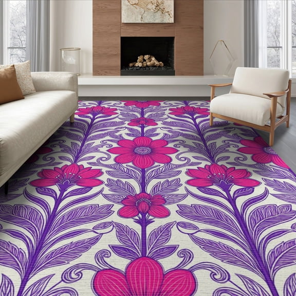 ODIKA 8'x10' Washable Area Rug Pink Purple Decorative Flower Vine Motif Ornate Scroll for King Size Bedroom Under Bed, Master Suite, Non-Shedding, Easy Care