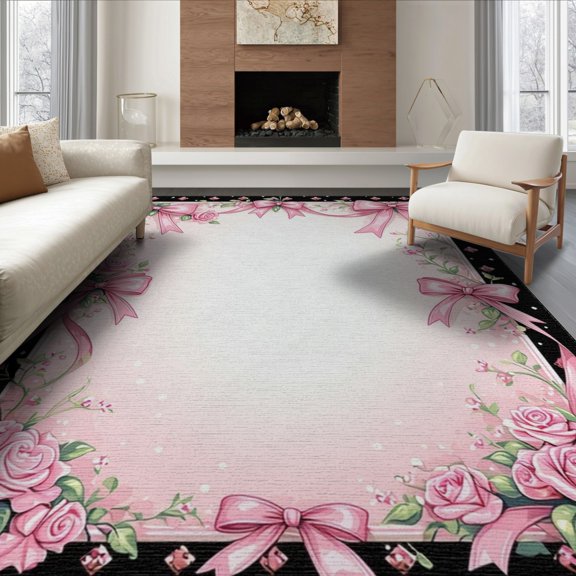 ODIKA 8'x10' Washable Area Rug Pink Ribbon Motif Repeating Lattice Shaped Themed Polka for King Size Bedroom Under Bed, Master Suite, Non-Shedding, Easy Care