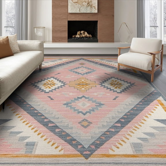 ODIKA 8'x10' Washable Area Rug Pink Slate Blue Boho Southwestern Aztec Diamond Lattice with Zigzag Bands for Living Room, Under Sectional, Family , Durable, Non-Slip