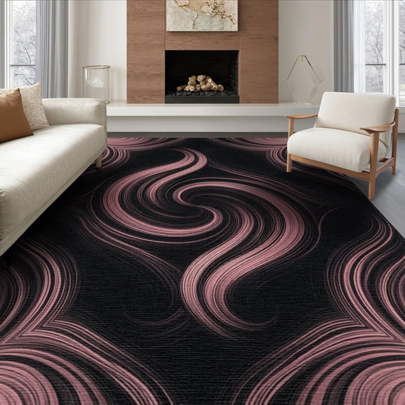 ODIKA 8'x10' Washable Area Rug Pink Smooth Grey Interlocking Wave Balanced Flow Motif Contemporary for Dining Room, Large Office, Lounge, Non-Slip Chair-Friendly Mat
