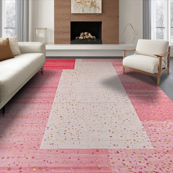 ODIKA 8'x10' Washable Area Rug Pink Solid Heathered Tonal Speckle Confetti Shaggy Look Minimalist for King Size Bedroom Under Bed, Master Suite, Non-Shedding, Easy Care