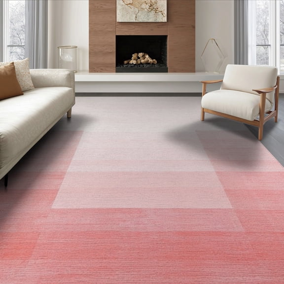 ODIKA 8'x10' Washable Area Rug Pink Solid Shaggy Look Minimalist Subtle Tonal Ombre Gradient for Living Room, Under Sectional, Family , Durable, Non-Slip