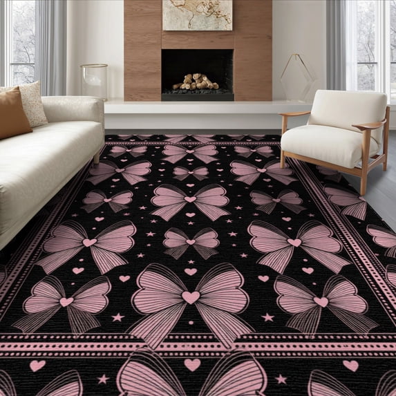 ODIKA 8'x10' Washable Area Rug Pink Themed Motifs Dotted Border Stars Shaped for King Size Bedroom Under Bed, Master Suite, Non-Shedding, Easy Care