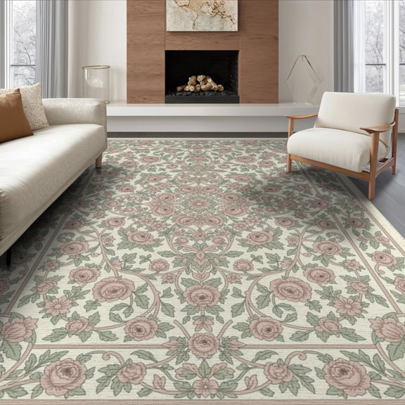 ODIKA 8'x10' Washable Area Rug Pink Traditional Long Motif Vine Details Vintage Sage Bathroom for Living Room, Under Sectional, Family , Durable, Non-Slip