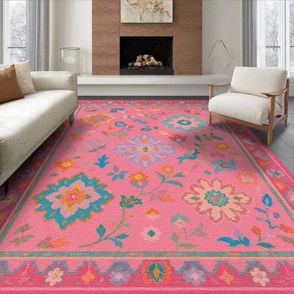 ODIKA 8'x10' Washable Area Rug Pink Vibrant Floral Symphony Design Elegant Garden Motifs with Intricate Border Detail for King Size Bedroom Under Bed, Master Suite, Non-Shedding, Easy Care