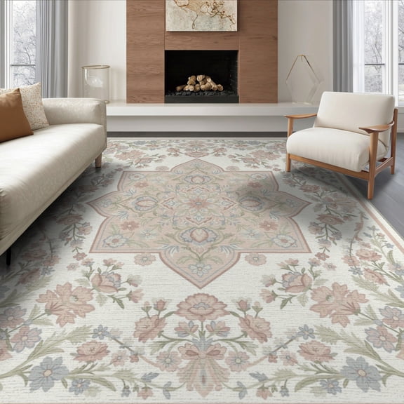 ODIKA 8'x10' Washable Area Rug Pink Vintage Oushak Whimsical Blush Dorm Pastel Nursey Flowing Dynamic for King Size Bedroom Under Bed, Master Suite, Non-Shedding, Easy Care