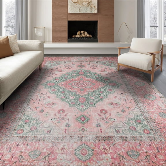 ODIKA 8'x10' Washable Area Rug Pink Vintage Tapete Scrollwork Border Motifs Textured for Dining Room, Large Office, Lounge, Non-Slip Chair-Friendly Mat