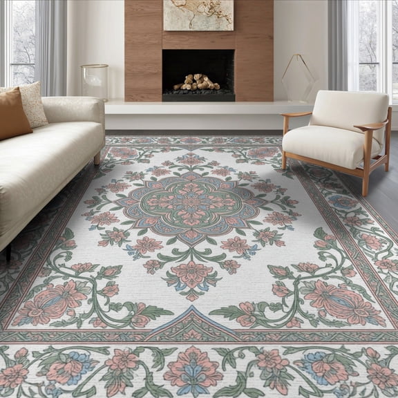 ODIKA 8'x10' Washable Area Rug Pink Whimsical Vine Border Blush Dorm Pastel Nursey Oushak Refined for King Size Bedroom Under Bed, Master Suite, Non-Shedding, Easy Care