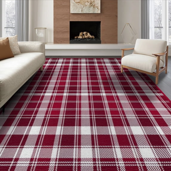 ODIKA 8'x10' Washable Area Rug Plaid Centered Gingham Tartan Motif Balanced Festive Layout Striped for Living Room, Under Sectional, Family , Durable, Non-Slip