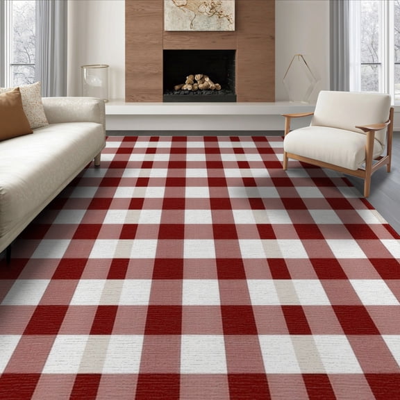 ODIKA 8'x10' Washable Area Rug Plaid Farmhouse Gingham Festive Snowflake Tartan Border Welcome for King Size Bedroom Under Bed, Master Suite, Non-Shedding, Easy Care