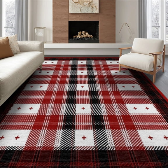 ODIKA 8'x10' Washable Area Rug Plaid Gingham Tartan Bold Striped Checkered Front Layering Large for Dining Room, Office, Lounge, Non-Slip Chair-Friendly Mat