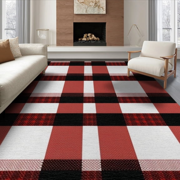 ODIKA 8'x10' Washable Area Rug Plaid Tartan Checkered Striped Border Gingham Front Layering for Living Room, Under Sectional, Family , Durable, Non-Slip