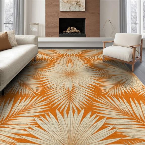 ODIKA 8'x10' Washable Area Rug Plant Inspired Navy Artwork Repeating Fronds Lighted Circle Ocean for King Size Bedroom Under Bed, Master Suite, Non-Shedding, Easy Care