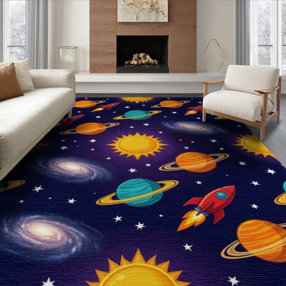 ODIKA 8'x10' Washable Area Rug Playroom Featuring Bodies Spacecraft Science Theme Classroom for King Size Bedroom Under Bed, Master Suite, Non-Shedding, Easy Care