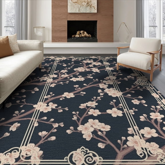 ODIKA 8'x10' Washable Area Rug Plum Branch Botanical Design With Traditional Scrollwork Border for Dining Room, Large Office, Lounge, Non-Slip Chair-Friendly Mat