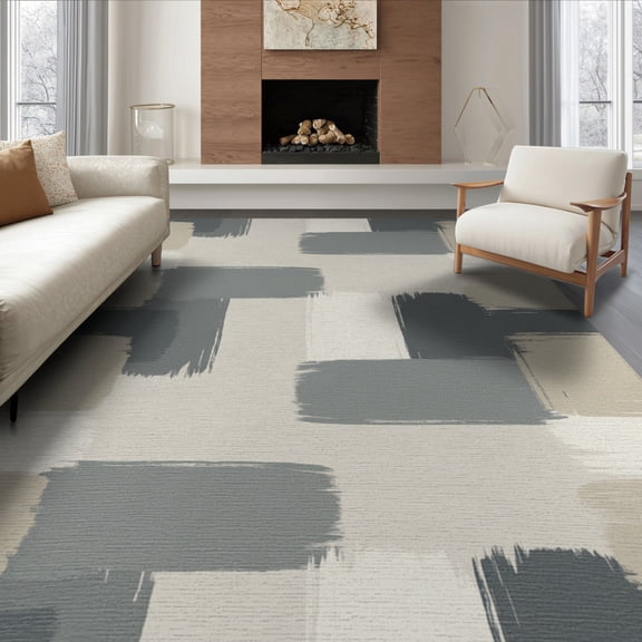 ODIKA 8'x10' Washable Area Rug Plush Large Minimalist Abstract Neutral Asymmetrical Shape Farmhouse for Dining Room, Office, Lounge, Non-Slip Chair-Friendly Mat