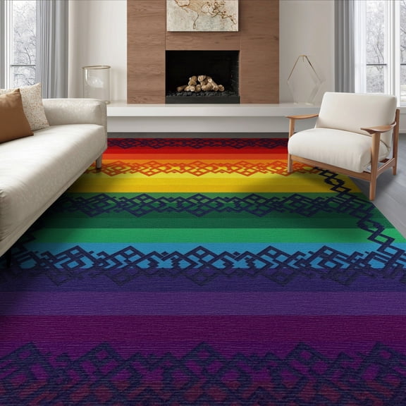 ODIKA 8'x10' Washable Area Rug Pride Flag Doormat Featuring Bold Zigzag And Geometric Frame for King Size Bedroom Under Bed, Master Suite, Non-Shedding, Easy Care
