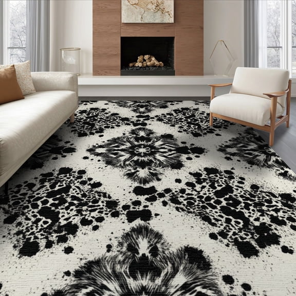 ODIKA 8'x10' Washable Area Rug Print Cow Irregular Dot Motif Scattered Blotch Boneless Couch for Dining Room, Large Office, Lounge, Non-Slip Chair-Friendly Mat