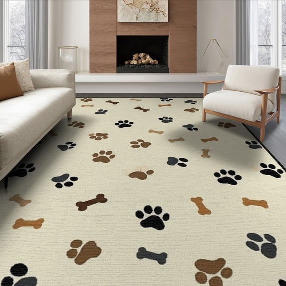 ODIKA 8'x10' Washable Area Rug Print Paws Scattered Prints Bones Track Themed Alfombra Para for Living Room, Under Sectional, Family , Durable, Non-Slip