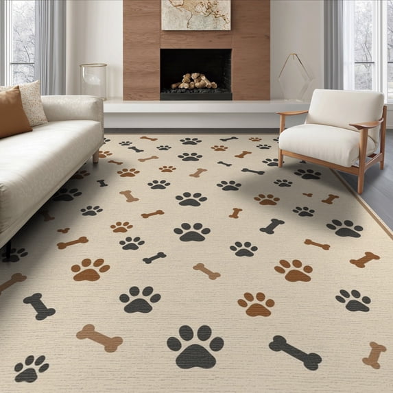 ODIKA 8'x10' Washable Area Rug Print Playful Paws Footprint Motif Tossed Alfombra Para Perros for Dining Room, Large Office, Lounge, Non-Slip Chair-Friendly Mat