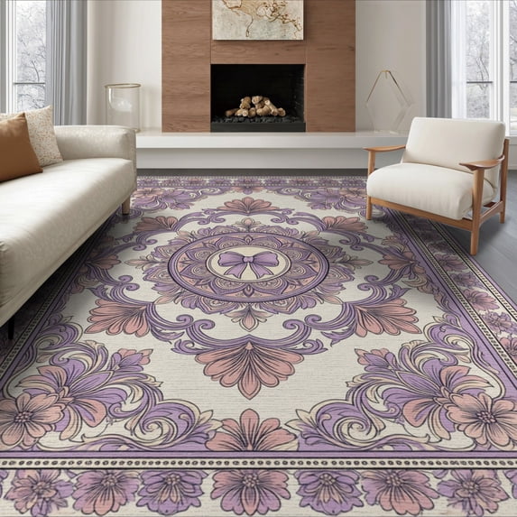ODIKA 8'x10' Washable Area Rug Purple Blooms Delicate Motif Surrounded Botanical Tasseled Beige for Dining Room, Large Office, Lounge, Non-Slip Chair-Friendly Mat