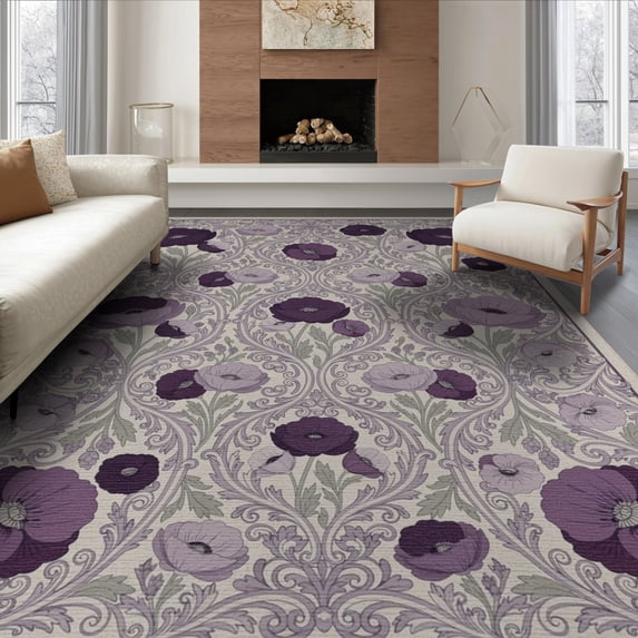 ODIKA 8'x10' Washable Area Rug Purple Deep Bug Eggplant Boho Featuring Delicate Florals Poppy for King Size Bedroom Under Bed, Master Suite, Non-Shedding, Easy Care