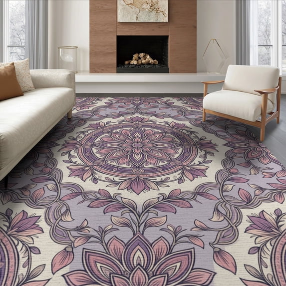 ODIKA 8'x10' Washable Area Rug Purple Distressed Petal Vine Vintage Botanical Pink Boho Refined for Living Room, Under Sectional, Family , Durable, Non-Slip