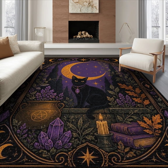 ODIKA 8'x10' Washable Area Rug Purple Gold Mystical Night and Celestial Enchanted Forest Theme with Starry for Living Room, Under Sectional, Family , Durable, Non-Slip
