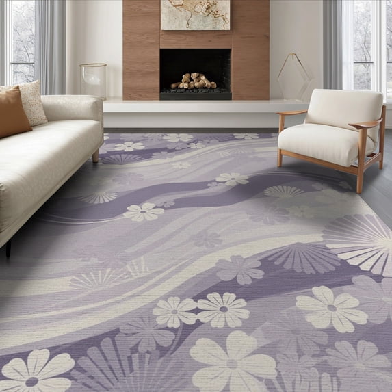 ODIKA 8'x10' Washable Area Rug Purple Ombre Abstract Minimalist Border Motifs Swirl Gradient for Dining Room, Large Office, Lounge, Non-Slip Chair-Friendly Mat