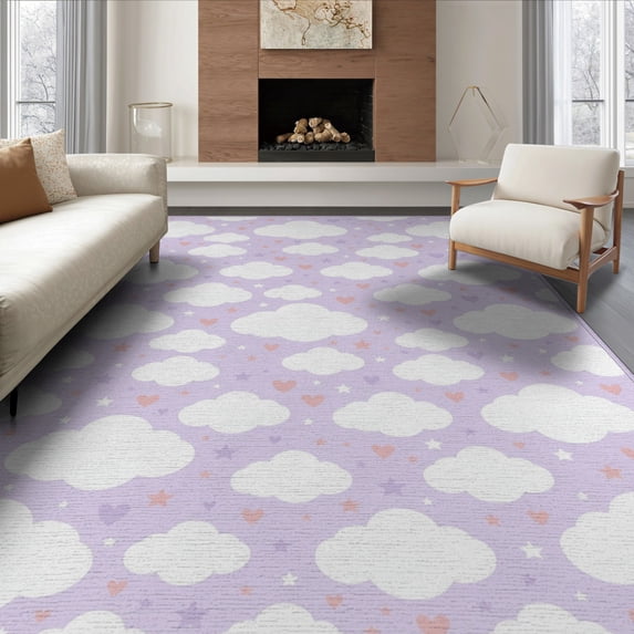 ODIKA 8'x10' Washable Area Rug Purple Round Fuzzy Dreamy Motif Circle Ombre Gradient Watercolor for King Size Bedroom Under Bed, Master Suite, Non-Shedding, Easy Care