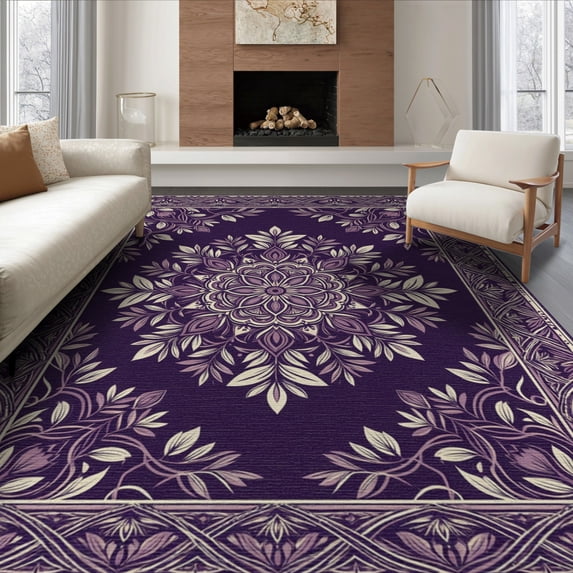 ODIKA 8'x10' Washable Area Rug Purple Symmetrical Botanical Motif Bordered Traditional Cover for Living Room, Under Sectional, Family , Durable, Non-Slip