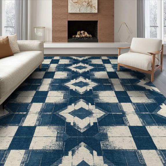 ODIKA 8'x10' Washable Area Rug Pvc Faded Bottom Symmetrical Shapes Edges Splicing Furnishing for King Size Bedroom Under Bed, Master Suite, Non-Shedding, Easy Care