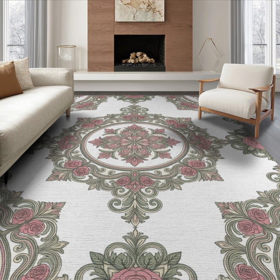 ODIKA 8'x10' Washable Area Rug Quicksand Blooming Botanical Muted Palette Traditional Print for Dining Room, Large Office, Lounge, Non-Slip Chair-Friendly Mat