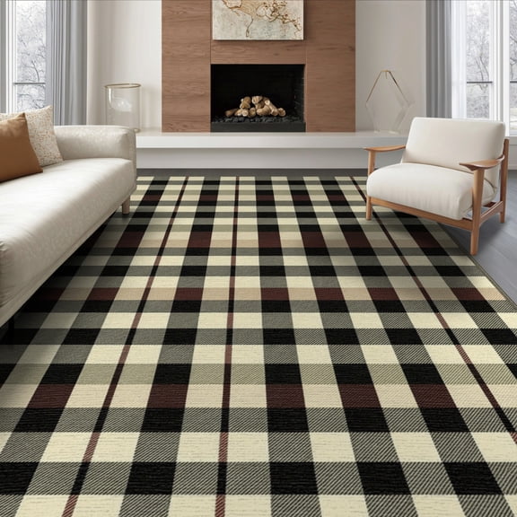 ODIKA 8'x10' Washable Area Rug Rag Checkered Layered Farmhouse Gingham Border Doormat Plaid for Living Room, Under Sectional, Family , Durable, Non-Slip