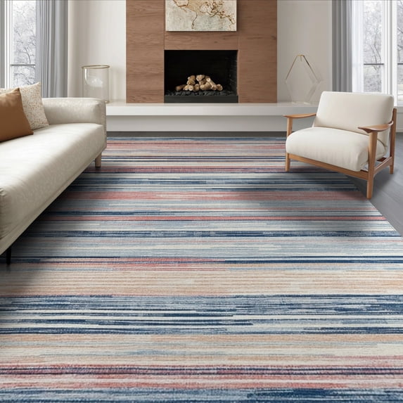 ODIKA 8'x10' Washable Area Rug Rag Chindi Knit Striped Boho Farmhouse Bordered Stripes Multi for Dining Room, Large Office, Lounge, Non-Slip Chair-Friendly Mat