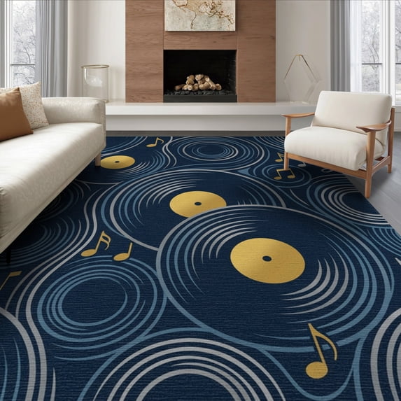 ODIKA 8'x10' Washable Area Rug Record Retro Abstract Music Note Groove Swirl Grooves Disc Vinyl Cd Playful for King Size Bedroom Under Bed, Master Suite, Non-Shedding, Easy Care