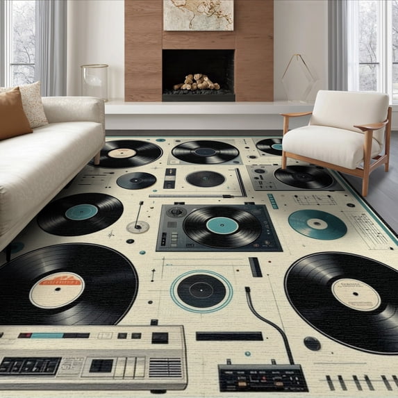 ODIKA 8'x10' Washable Area Rug Record Vintage Vinyl Music Retro Dj Turntable Border Player Cassette for Living Room, Under Sectional, Family , Durable, Non-Slip