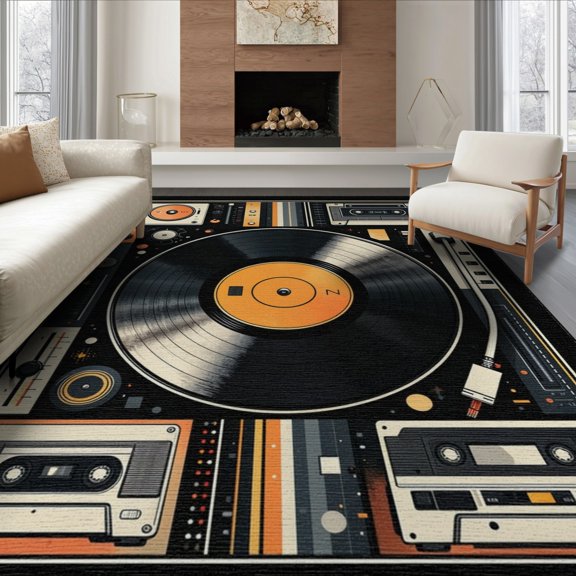 ODIKA 8'x10' Washable Area Rug Record Vinyl Retro Dj Turntable Motif Cassette Music Border Player for Living Room, Under Sectional, Family , Durable, Non-Slip