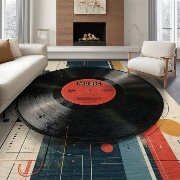 ODIKA 8'x10' Washable Area Rug Record Vinyl Retro Music Concentric Groove Ring Shaped Round for King Size Bedroom Under Bed, Master Suite, Non-Shedding, Easy Care