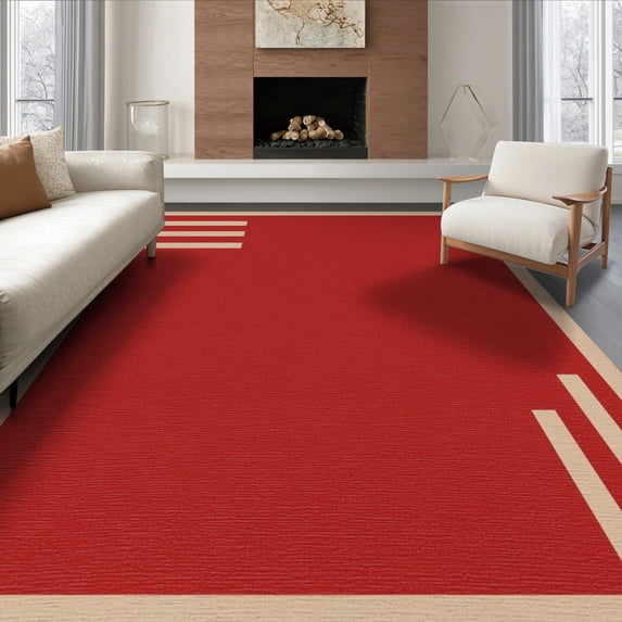 ODIKA 8'x10' Washable Area Rug Red Beige Minimalist Geometric Design Elegant Rectangular Layout with Modern Stripes for Dining Room, Large Office, Lounge, Non-Slip Chair-Friendly Mat