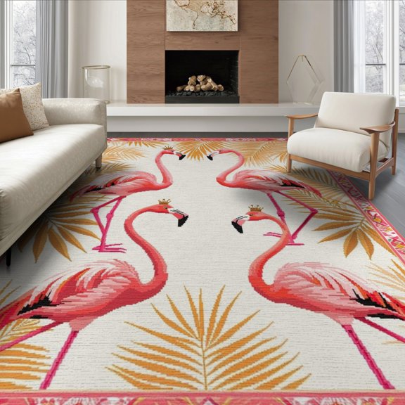 ODIKA 8'x10' Washable Area Rug Repeating Botanical Stripe Motif Confetti Border Whimsical Wreath for Living Room, Under Sectional, Family , Durable, Non-Slip