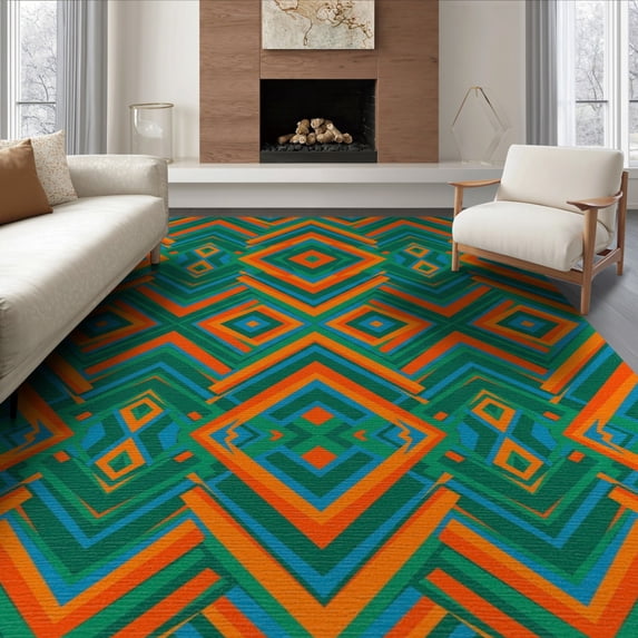 ODIKA 8'x10' Washable Area Rug Retro Abstract Prism Bold Bands Vibrant Classroom Mid Striped Century Playful for Dining Room, Large Office, Lounge, Non-Slip Chair-Friendly Mat