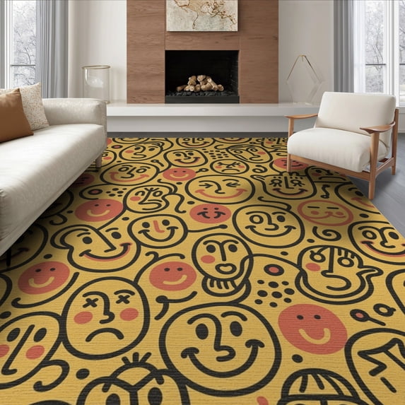 ODIKA 8'x10' Washable Area Rug Retro Contemporary Funky Portrait Playful Dot Bathroom Abstract for Dining Room, Large Office, Lounge, Non-Slip Chair-Friendly Mat