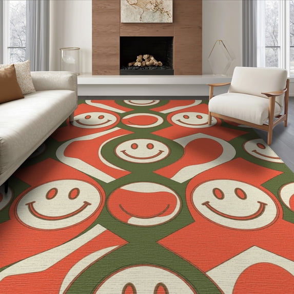ODIKA 8'x10' Washable Area Rug Retro Mid Funky Century Playful Motif Coral Abstract Bathroom for King Size Bedroom Under Bed, Master Suite, Non-Shedding, Easy Care