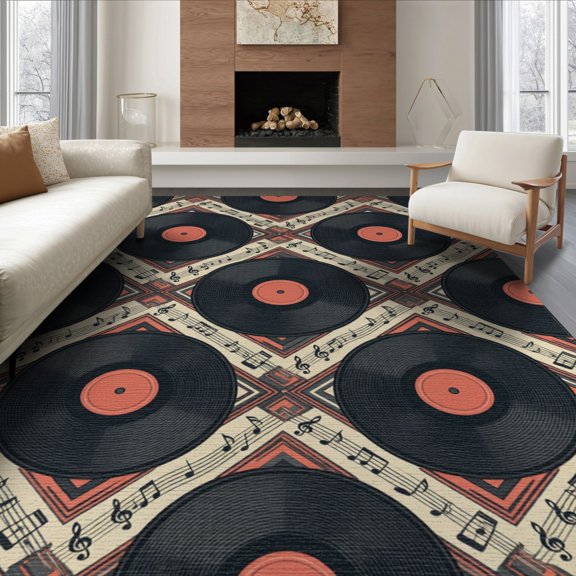 ODIKA 8'x10' Washable Area Rug Retro Music Nostalgic Equipment Interlocking Border Covering for Dining Room, Large Office, Lounge, Non-Slip Chair-Friendly Mat